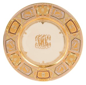 DRESDEN German porcelain cabinet plate with gilt monogram, 20th century, blue factory mark "Dresden, Germany", 26.5cm diameter