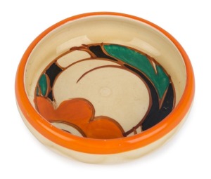 CLARICE CLIFF "FANTASTIQUE" English Art Deco porcelain dish, circa 1930s, stamped "Fantastique By Clarice Cliff, Hand Painted, Wilkinson Ltd. England", 9.5cm diameter