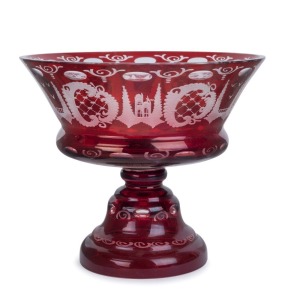 Bohemian ruby glass compote with wheel cut decoration, 19th century, 18cm high, 20cm diameter