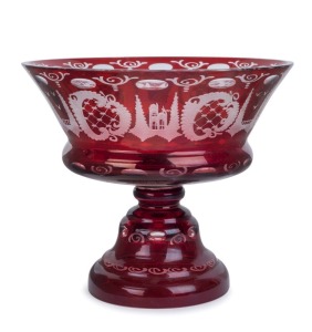 Bohemian ruby glass compote with wheel cut decoration, 19th century, ​18cm high, 20cm diameter