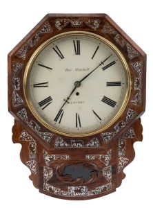 An antique English drop dial wall clock with single train eight day fusee movement in a mother of pearl and rosewood case, circa 1860. Dial signed "Tho.s Mitchell, London", ​59cm high