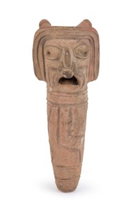 A pre-Columbian figural pottery whistle with incised decoration, Central America, 11cm long