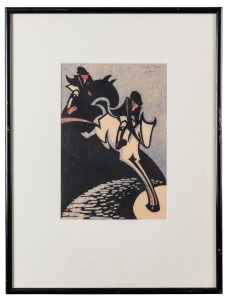 SYBIL ANDREWS (1898-1992), Water Jump, linocut, signed and endorsed in pencil upper right "Water Jump, 60/60, Sybil Andrews", ​31 x 21cm