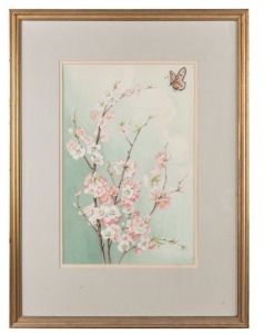 ARTIST UNKNOWN, (blossoms and butterfly), watercolour, 53 x 35cm, 83 x 62cm overall