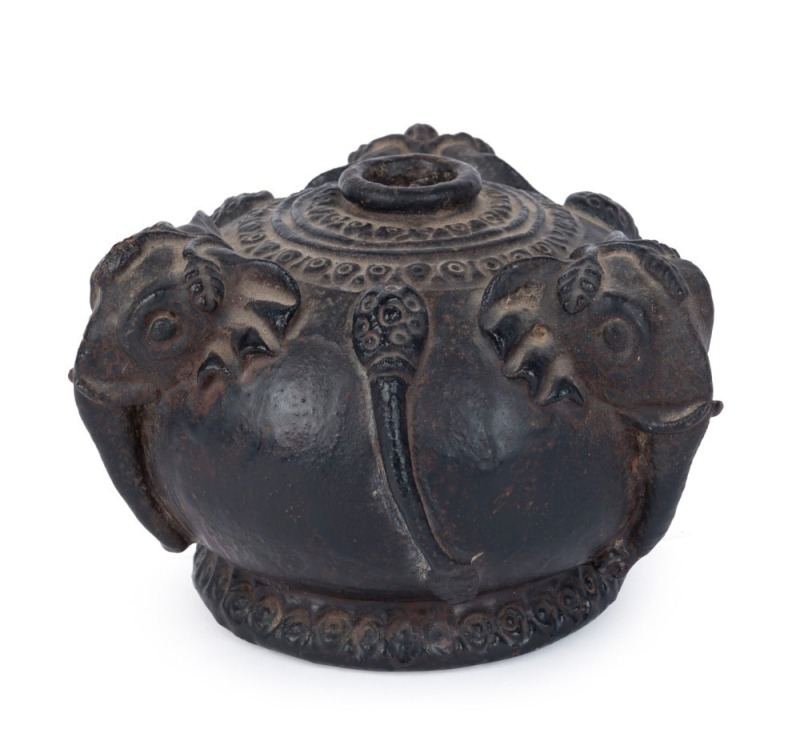 An antique Cambodian ceramic vase with three elephant heads, 19th century, ​10cm high, 14cm wide