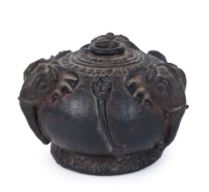 An antique Cambodian ceramic vase with three elephant heads, 19th century, ​10cm high, 14cm wide