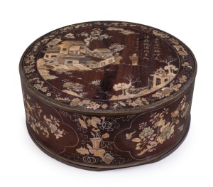 An antique Vietnamese circular wedding box, rosewood inlaid with mother of pearl, 19th century, ​10cm high, 25.5cm diameter