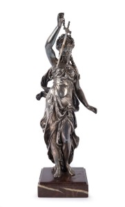 An antique French statue of a lady with sword, silvered bronze on rouge marble plinth, 19th century, 42.5cm high