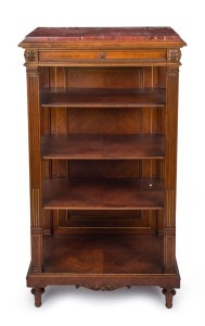 An antique French Louis XVI style pier bookcase, kingwood with gilt highlights and rouge marble top, single drawer with and toupie feet, 19th century, 128cm high, 68cm wide, 41cm deep