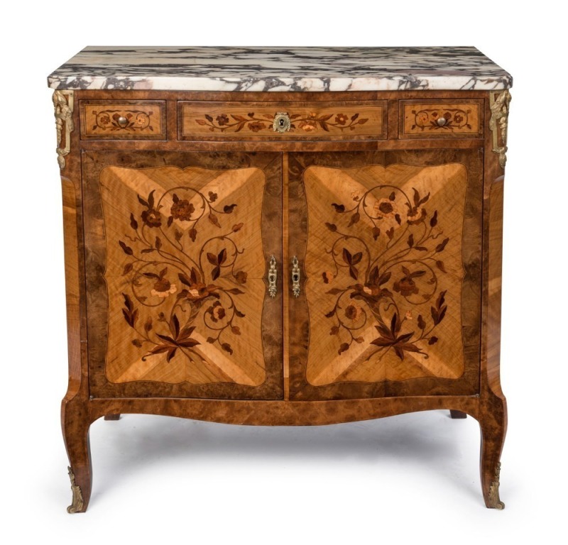 An antique French Louis XV style marquetry buffet with ormolu mounts and marble top, three drawers, 19th century, 90cm high, 88cm wide, 47cm deep