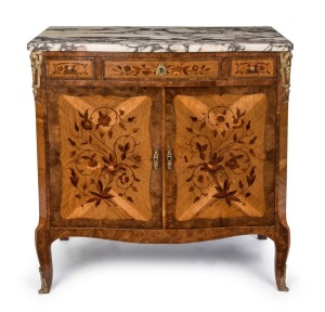 An antique French Louis XV style marquetry buffet with ormolu mounts and marble top, three drawers, 19th century, 90cm high, 88cm wide, 47cm deep