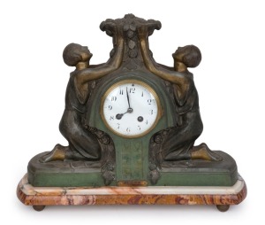 A French Art Deco mantel clock, 8 day time and strike movement in a figural cast and patinated spelter case on marble base, circa 1930, ​with key and pendulum, 37cm high, 44cm wide