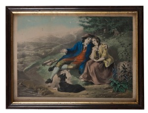 An antique hand-coloured lithograph of a romantic scene, ​31 x 41cm overall