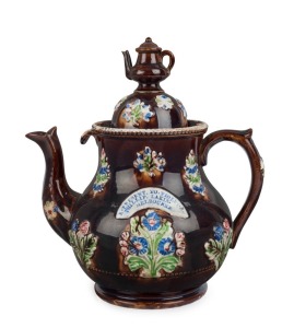 An antique English barge ware teapot with inscription "A PRESENT TO VIOLET & PHILLIP LAKIN, MELBOURNE", 19th century, 30cm high