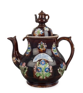 An antique English barge ware teapot with inscription "A PRESENT TO VIOLET & PHILLIP LAKIN, MELBOURNE", 19th century, ​30cm high