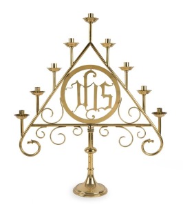 A brass church candelabra in the Gothic style, 20th century, ​78cm high, 66cm wide