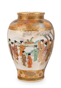 SATSUMA Japanese ceramic vase with scenes of Samurai and Geishas, Meiji period, Toyama or Yuzan seal mark, 12.5cm high