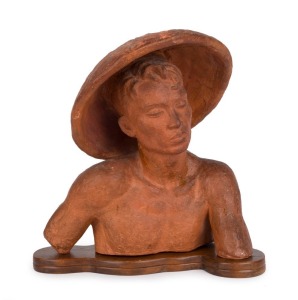 ARTHUR JOHN FLEISCHMANN (Czech/Australia, 1896-1990), Balinese boy, terracotta sculpture, incised on reverse "A. Fleischmann", made in 1938 with original wooden stand. 28cm high, 26cm wide. Note: Fleischmann was born in Pressburg, Austro- Hungary (now Br