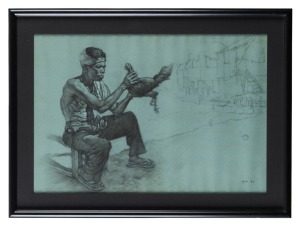 ARTIST UNKNOWN (Indonesian school), Cock fighter, graphite pencil on grey paper with white highlights, signed lower left (illegible) and dated '72, 30 x 43.5cm, 39 x 53cm overall