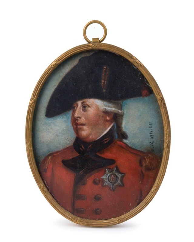 KING GEORGE III hand-painted miniature portrait signed lower right "E.M. White", ​9.5 x 7.5cm overall