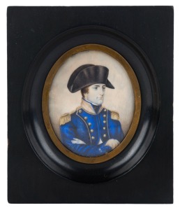 Antique hand-painted miniature military portrait, 19th century, ​12.5 x 10.5cm overall