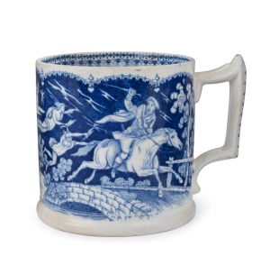 CLYDE POTTERY "TAM O'SHANTER" English blue and white porcelain mug, early 19th century, stamped "Tam O'Shanter", 10cm high, 12.5cm wide