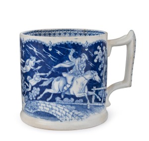 CLYDE POTTERY "TAM O'SHANTER" English blue and white porcelain mug, early 19th century, stamped "Tam O'Shanter", 10cm high, 12.5cm wide