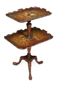 An antique two tier stand with hand-painted floral finish, 19th century, ​67cm high, 46cm wide, 36cm deep