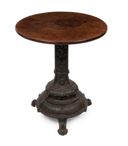 An antique English pub table, cast iron base with timber top, 19th century, ​71cm high, 60cm diameter