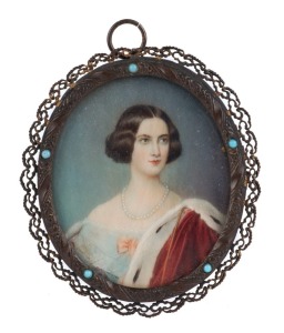 An antique miniature hand-painted portrait of a Royal lady in a Bohemian oval frame, 19th century, signed "Leray", 7.5 x 6.5cm overall