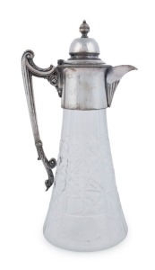 An antique English claret jug, hobnail cut crystal with silver plated mount, 19th century, 30cm high