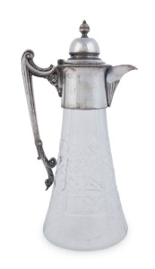 An antique English claret jug, hobnail cut crystal with silver plated mount, 19th century, ​30cm high