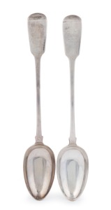 A fine pair of Georgian sterling silver stuffing spoons by Charles Eley of London, circa 1828, 31cm long, 282 grams