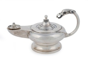 An "Aladdin's Lamp" antique sterling silver table cigar lighter made in London, circa 1898, 8cm 8, 13cm wide, 156 grams