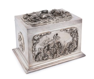 An exceptional exhibition quality silver plated tea caddy adorned with silver electrotype panels in high relief. The interior fitted with two lidded tea cannisters with engraved tops, circa 1870. Impressed mark "ELKINGTON FACIET", 16cm high, 18cm wide, 13