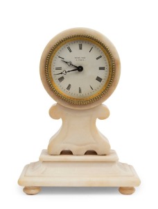 An antique French mantel clock, 8 day movement with tic-tac escapement in an alabaster case, dial marked "HENRY MARC, PARIS", 19th century, ​22.5cm high