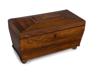An antique English tea caddy, rosewood veneer with inlaid brass top and bun feet, ​interior fitted with two canisters and space for mixing bowl, circa 1830, 19cm high33cm wide, 16.5cm deep