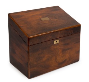 An antique English rosewood desk box with fitted compartments and concealed ink and pen drawer, 19th century, ​25cm high, 29cm wide, 19cm deep