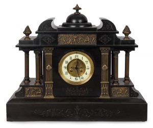 An antique French mantel clock, eight day time and strike movement with Brocot escapement in black marble case with bronze finished mounts, 19th century, an impressive 48cm high, 57cm wide