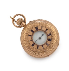 ROTHERHAMS ladies antique pocket watch in 9ct gold half hunter case with external Roman numerals, 19th century, ​5cm high overall