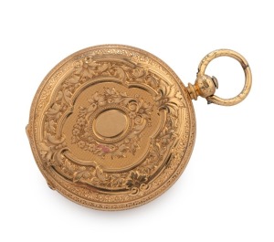 An antique pocket watch, 18ct gold full hunter case with engraved decoration and key wind movement, 19th century, ​5.5cm high overall