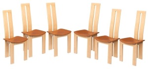 PIETRO COSTANTINI for Ello set of six Italian designer dining chairs, tan leather and cherrywood, circa 1980s