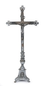 An antique French altarpiece standing crucifix, nickel plated cast metal, 19th century, 91cm high