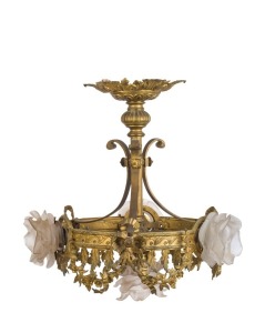 An antique hanging light, cast bronze with gilded finish and frosted glass shades, 19th/20th century, ​47cm high, 43cm wide