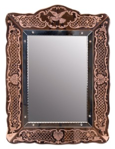 An antique French two tone mirror with etched decoration, early 20th century, ​99 x 75cm