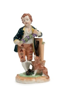 DRESDEN Potschappel German porcelain statue of a boy with a dog, 19th century, blue factory mark to base, ​15.5cm high