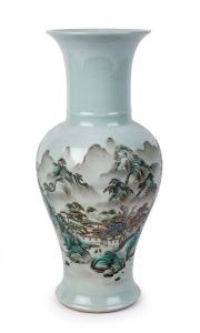 An antique Chinese porcelain baluster shaped vase with enamel landscape scene, Qing Dynasty, late 19th century, ​reverse adorned with applied poem and artist cartouche, iron red six character Guangxi mark, 41cm high