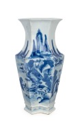 A Chinese blue and white faceted 8 sided vase decorated with landscape scene and detailed poem on reverse, Kangxi period, ​33cm high