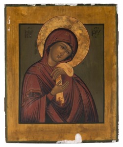 ICON: tempera on wooden panel depicting the Mother of God (probably from a deesis), Russian, circa 1880s, 31.5 x 25.5cm.