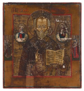 ICON: tempera on wooden panel depicting St. Nicholas the Wonder Worker, Russian, late 19th Century, 34.5cm x 31cm.